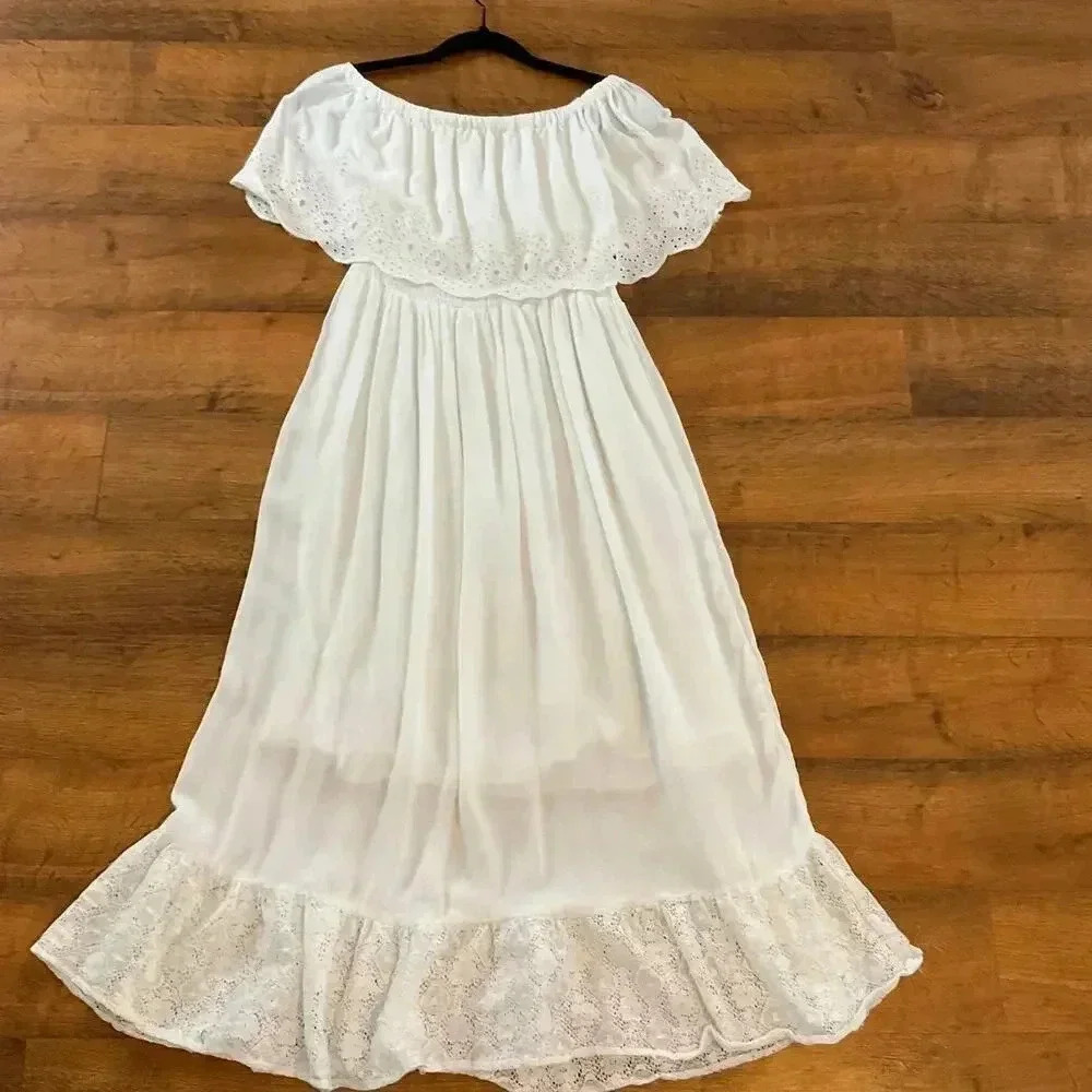 NADC Ruffled Eyelet White Off Shoulder Womens Maxi Dress Size Small
